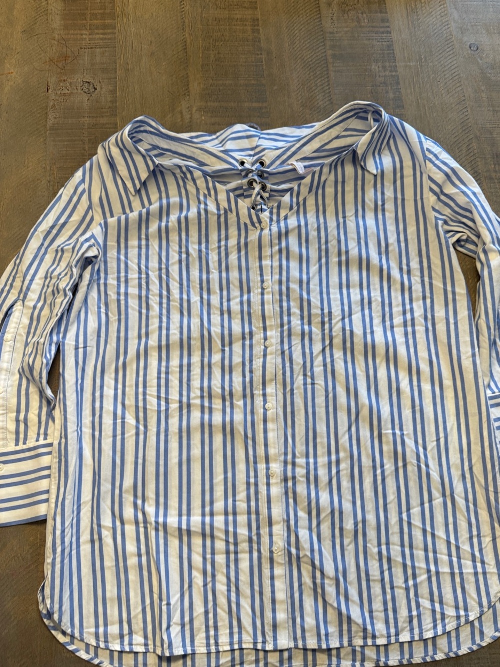 Zara White and Light Blue Striped Lace-Up Button-Down Shirt